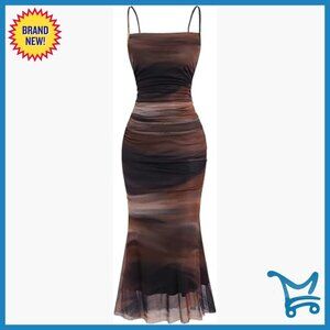 Tie Dye Ruched Bodycon Maxi Dress Mesh Sleeveless Cocktail Party Club